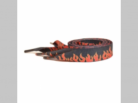 čierne šnúrky s červeným motívom plamene - flames, širšie, ploché šnúrky do topánok dĺžka 110cm šírka 1,9cm materiál:100%polyester